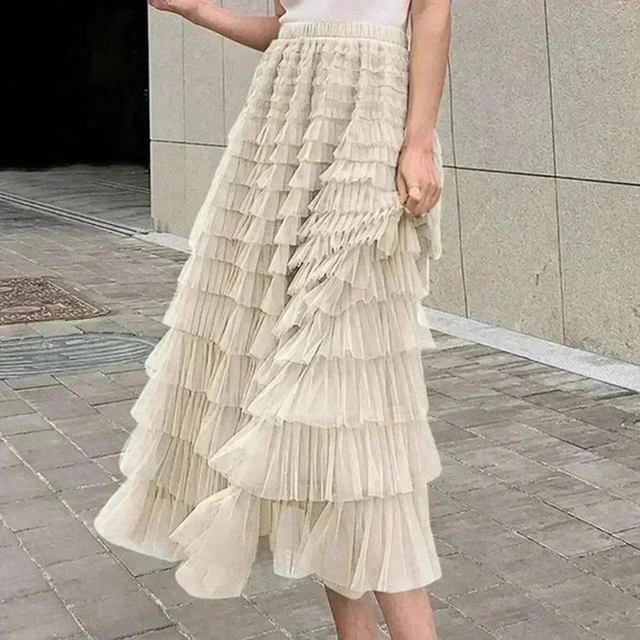 Khaki Boho Womens Solid Layer Ruffle Hem Mesh Skirt - Picture 5 of 5